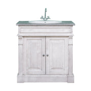 Klasszikus stílusú, fenyőfából készült, fehér és szürke színű mosdószekrény.