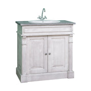 Klasszikus stílusú, fenyőfából készült, fehér és szürke színű mosdószekrény.