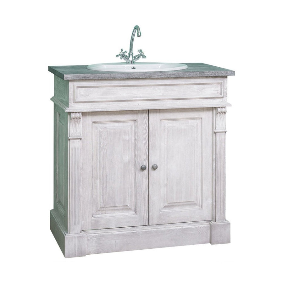 Klasszikus stílusú, fenyőfából készült, fehér és szürke színű mosdószekrény.