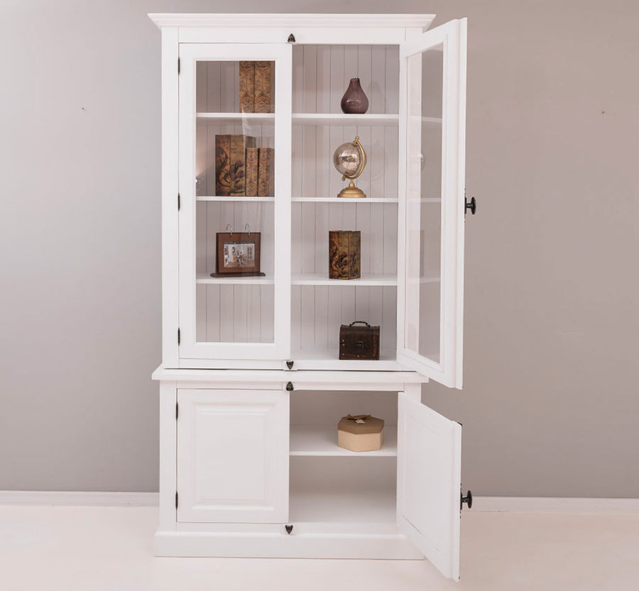 Fenyőfából készült vitrines könyvszekrény. Festett, fehér.