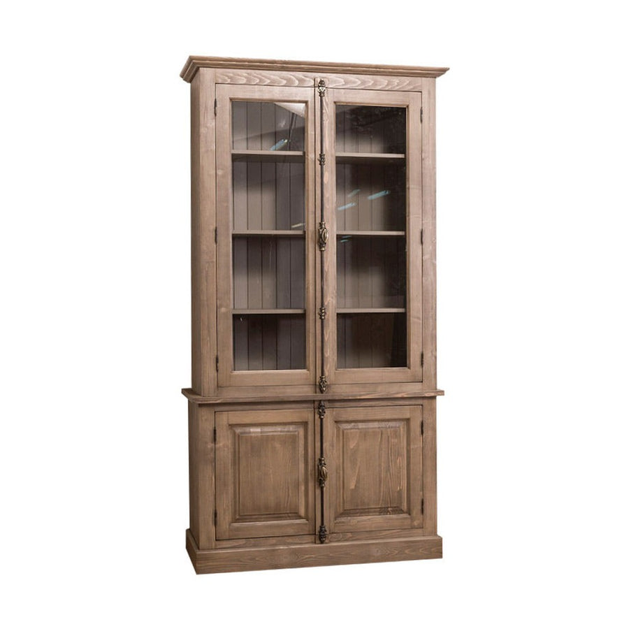 Fenyőfából készült vitrines könyvszekrény. Csiszolt és festett, barna és natúr.