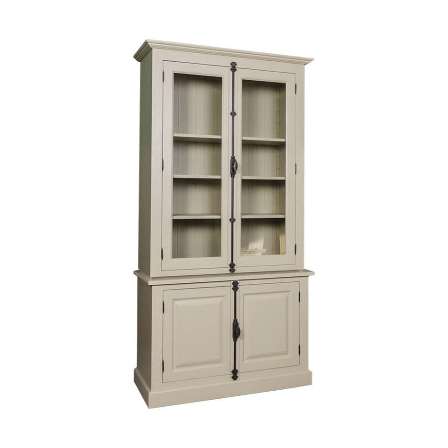 Fenyőfából készült vitrines könyvszekrény. Festett, krémszínű.