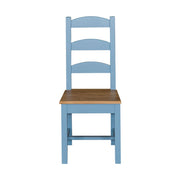 Világoskék színű, festett fenyőfa étkezőszék, natúr tölgyfa ülőlappal.