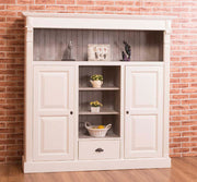 Fenyőfából készült könyvszekrény. Festett és lakkozott, törtfehér és szürkésbarna natúr színű..