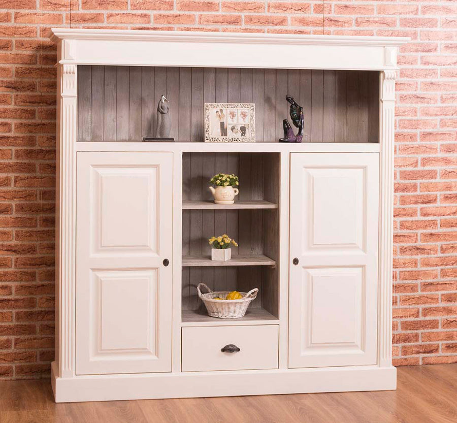 Fenyőfából készült könyvszekrény. Festett és lakkozott, törtfehér és szürkésbarna natúr színű..