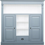 Fenyőfából készült könyvszekrény. Festett, szürkéskék és fehér színű.