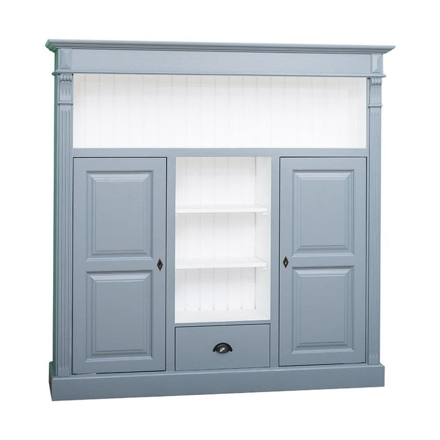 Fenyőfából készült könyvszekrény. Festett, szürkéskék és fehér színű.