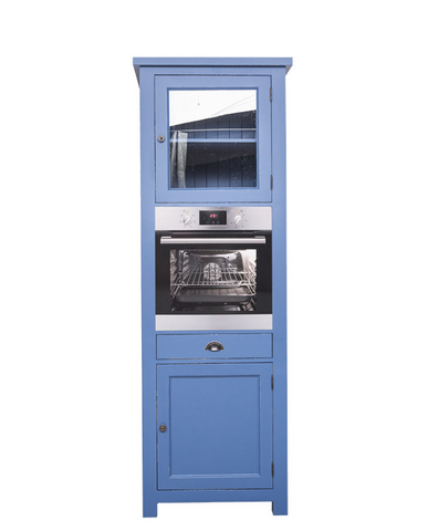 Country stílusú, kék színű háromosztatú konyhaszekrény beépíthető sütőnek kialakított hellyel.