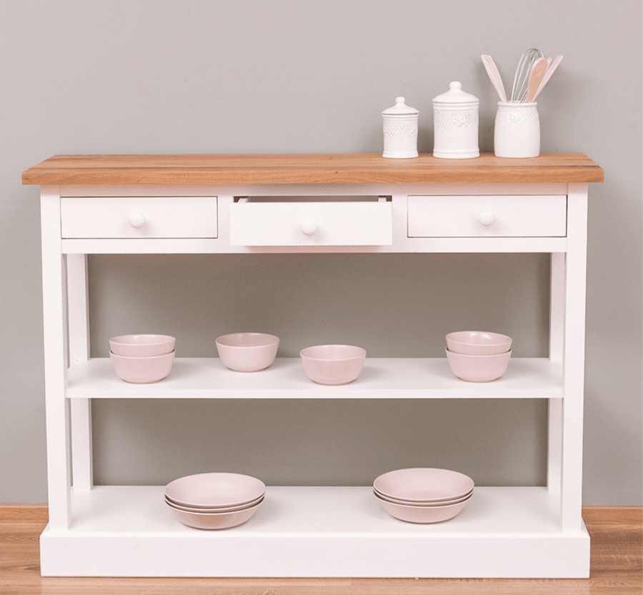 MAISON fenyőfa konyhai konzolasztal tölgyfalappal 120 cm