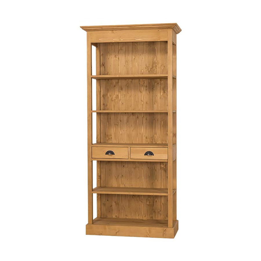 Klasszikus stílusú könyvesszekrény öt polccal és két fiókkal. Színe: pácolt natúr.