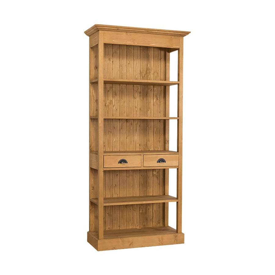 Klasszikus stílusú könyvesszekrény öt polccal és két fiókkal. Színe: pácolt natúr.