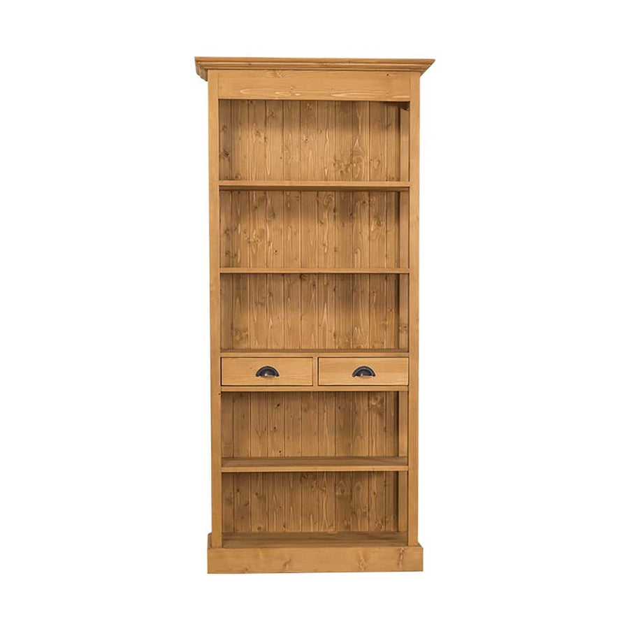 Klasszikus stílusú könyvesszekrény öt polccal és két fiókkal. Színe: pácolt natúr.