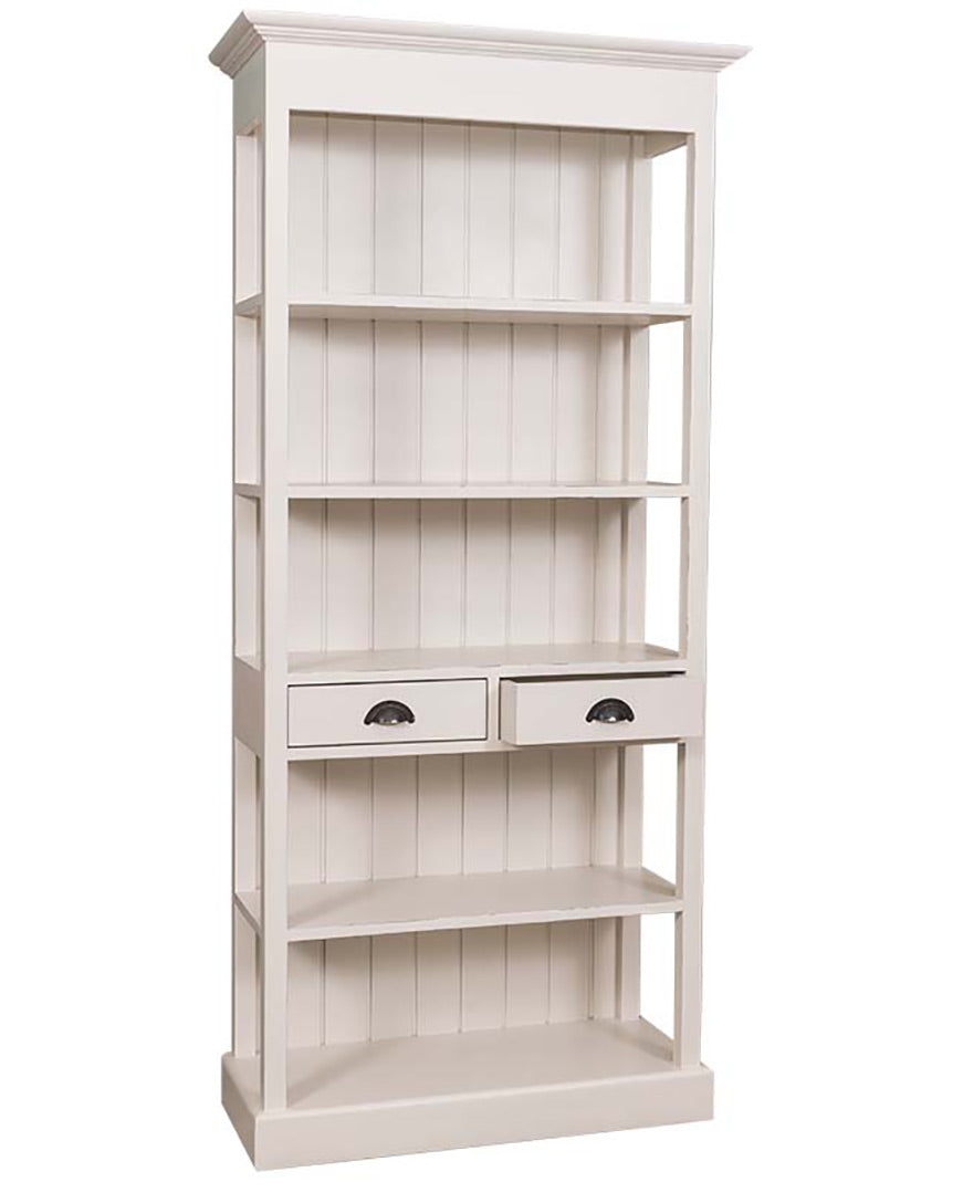 Klasszikus stílusú könyvesszekrény öt polccal és két fiókkal. Színe: antikolt fehér.