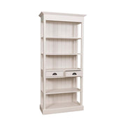 Klasszikus stílusú könyvesszekrény öt polccal és két fiókkal. Színe: antikolt fehér.