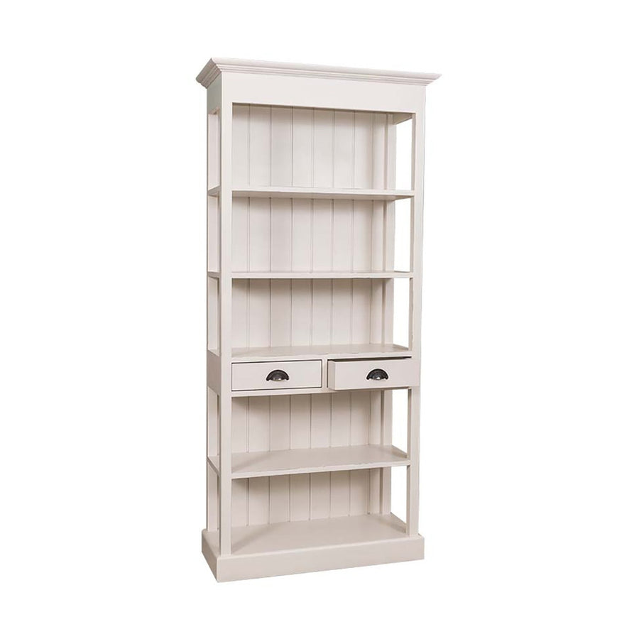 Klasszikus stílusú könyvesszekrény öt polccal és két fiókkal. Színe: antikolt fehér.