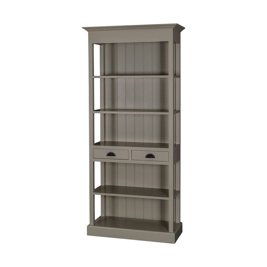 Klasszikus stílusú könyvesszekrény öt polccal és két fiókkal. Színe: középszürke