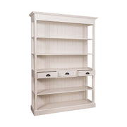 Klasszikus stílusú könyvespolc öt polccal és három fiókkal. Színe antikolt fehér.