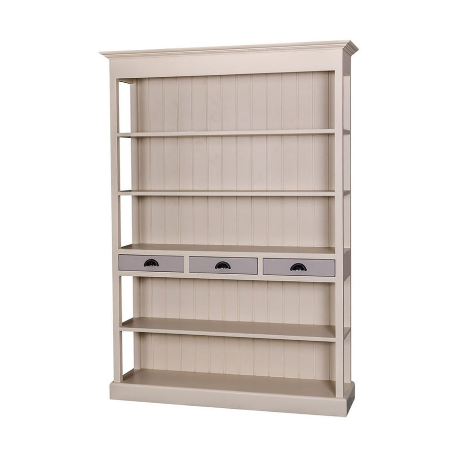 Klasszikus stílusú könyvespolc öt polccal és három fiókkal. A szekrény színe törtfehér, a fiókok színe szürke.