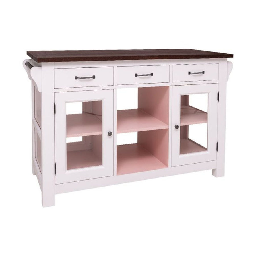 Country stílusú konyhasziget tölgyfa munkalappal. A tárolást hat fiók, két üveges és egy nyitott tároló segíti. Színe: törtfehér, baracksrága és barna..