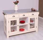 Country stílusú konyhasziget cinklap borítással. A tárolásról hat fiók, két üveges és egy nyitott tároló gondoskodik. Szine: antikolt krém.