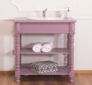 Klasszikus stílusú, antikolt lila színű, fenyőfa mosdószekrény nyitott polcokkal.