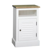 Klasszikus stílusú, antikolt fehér színű éjjeliszekrény natúr színű tölgy fedlappal, zsalugáteres ajtóval.