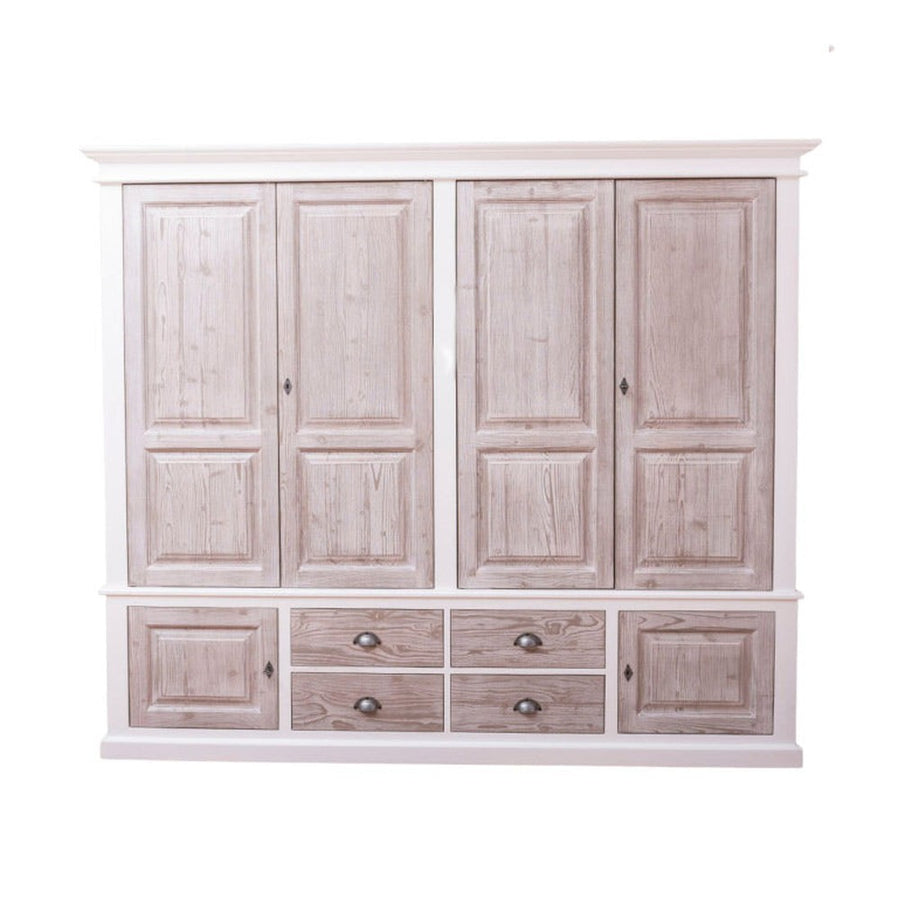 Fenyőfából készült, nagyméretű gradróbszekrény. A szekrény színe fehér, a fiókoké és a ajtóké csiszolt natúr.