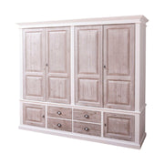 Fenyőfából készült, nagyméretű gradróbszekrény. A szekrény színe fehér, a fiókoké és a ajtóké csiszolt natúr.