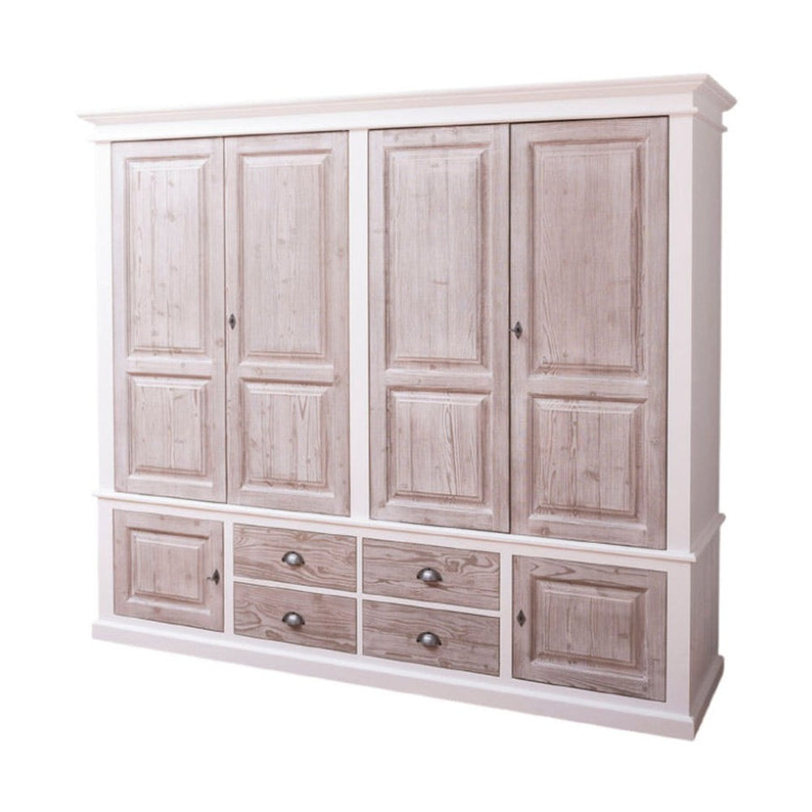 Fenyőfából készült, nagyméretű gradróbszekrény. A szekrény színe fehér, a fiókoké és a ajtóké csiszolt natúr.