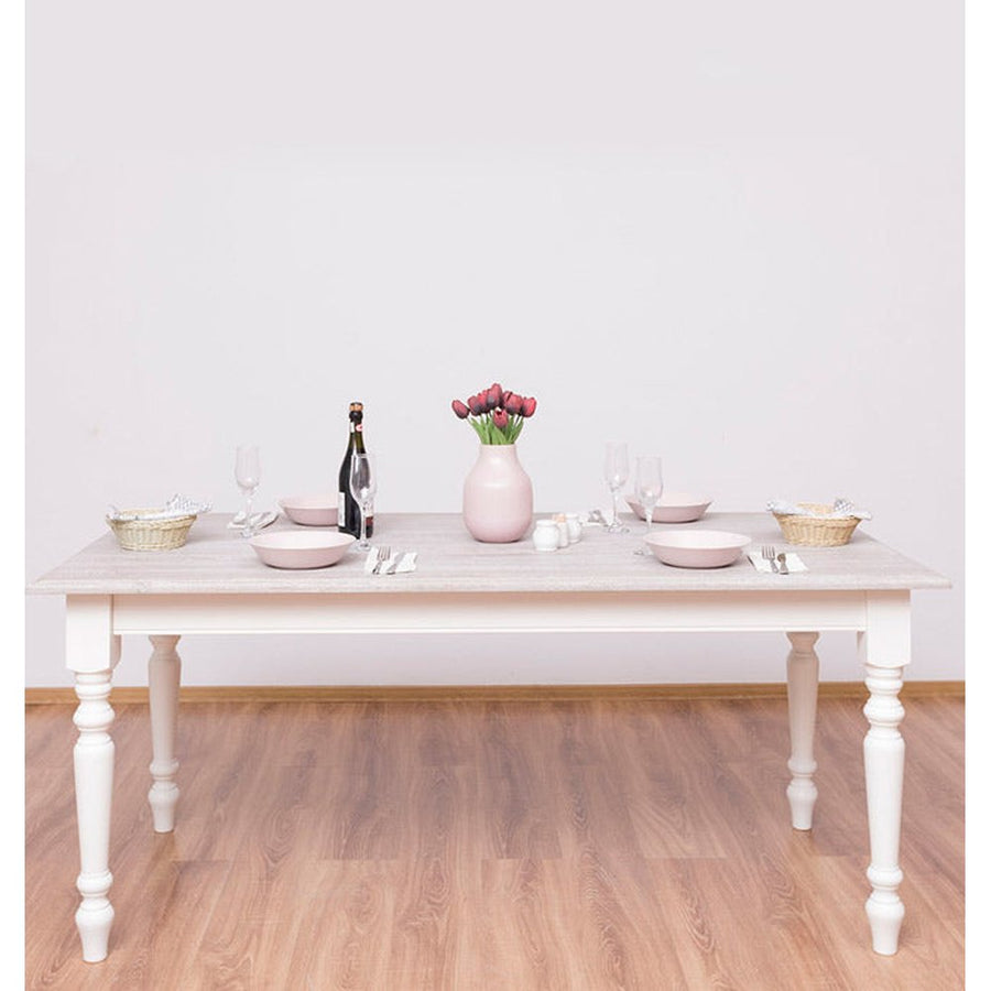 Vidéki stílusú, fehér színű, tömör fenyőfából készült étkezőasztal, szürke színű, olajozott tölgy fedalappal.