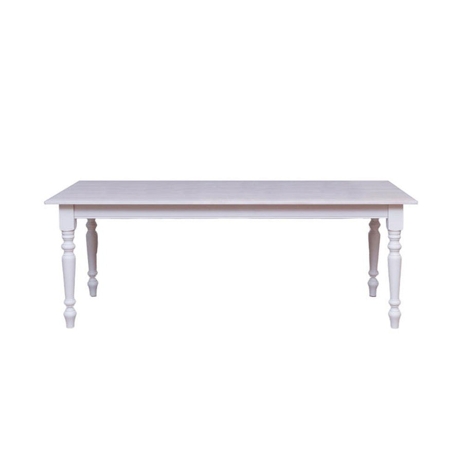 Vidéki stílusú, fehér színű, tömör fenyőfából készült étkezőasztal, szürke, olajozott tölgy fedalappal.