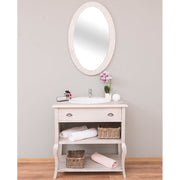 Klasszikus stílusú, krémszínű mosdószekrény, mélycsiszolt technikával kezelve.