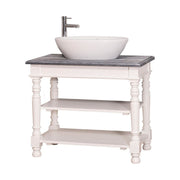 Fehér és mélycsiszolt szürke színű, klasszikus stílusú, nyitott polcos mosdószekrény.