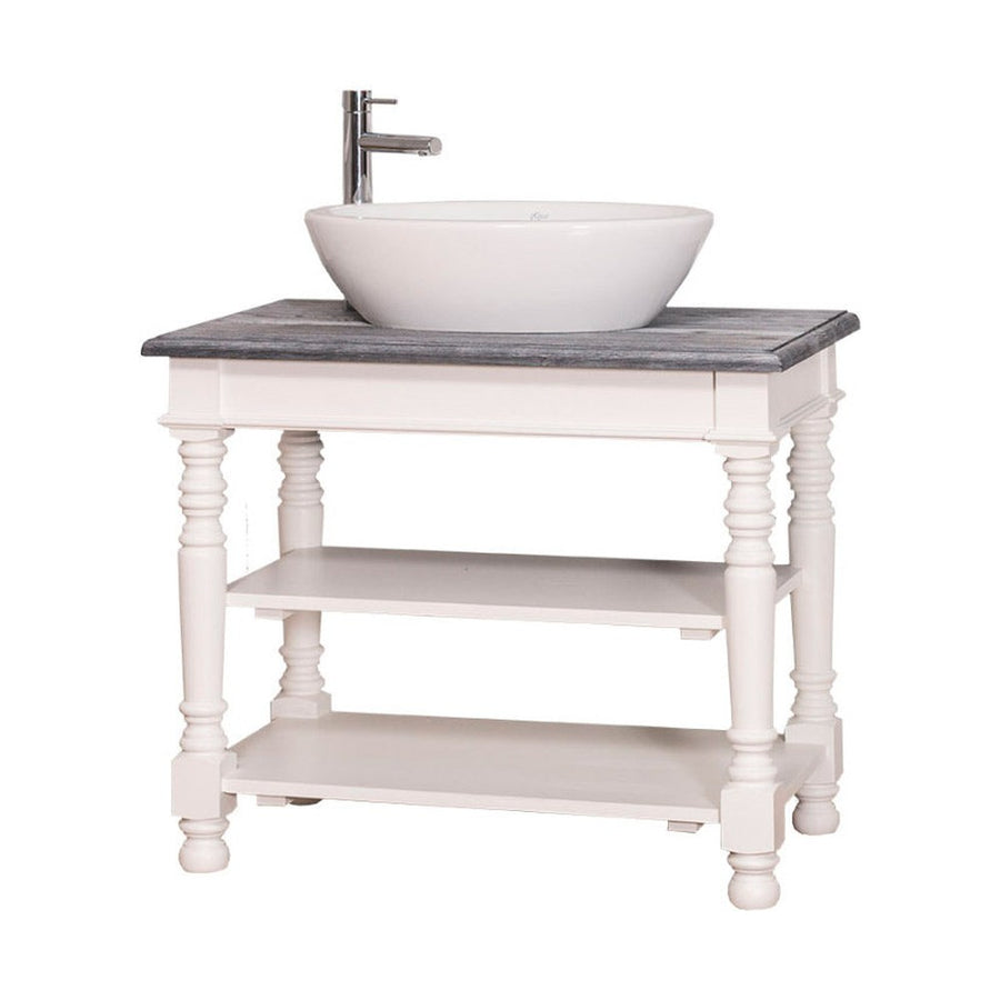 Fehér és mélycsiszolt szürke színű, klasszikus stílusú, nyitott polcos mosdószekrény.