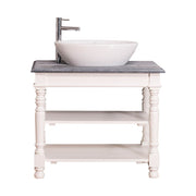 Fehér és mélycsiszolt szürke színű, klasszikus stílusú, nyitott polcos mosdószekrény.