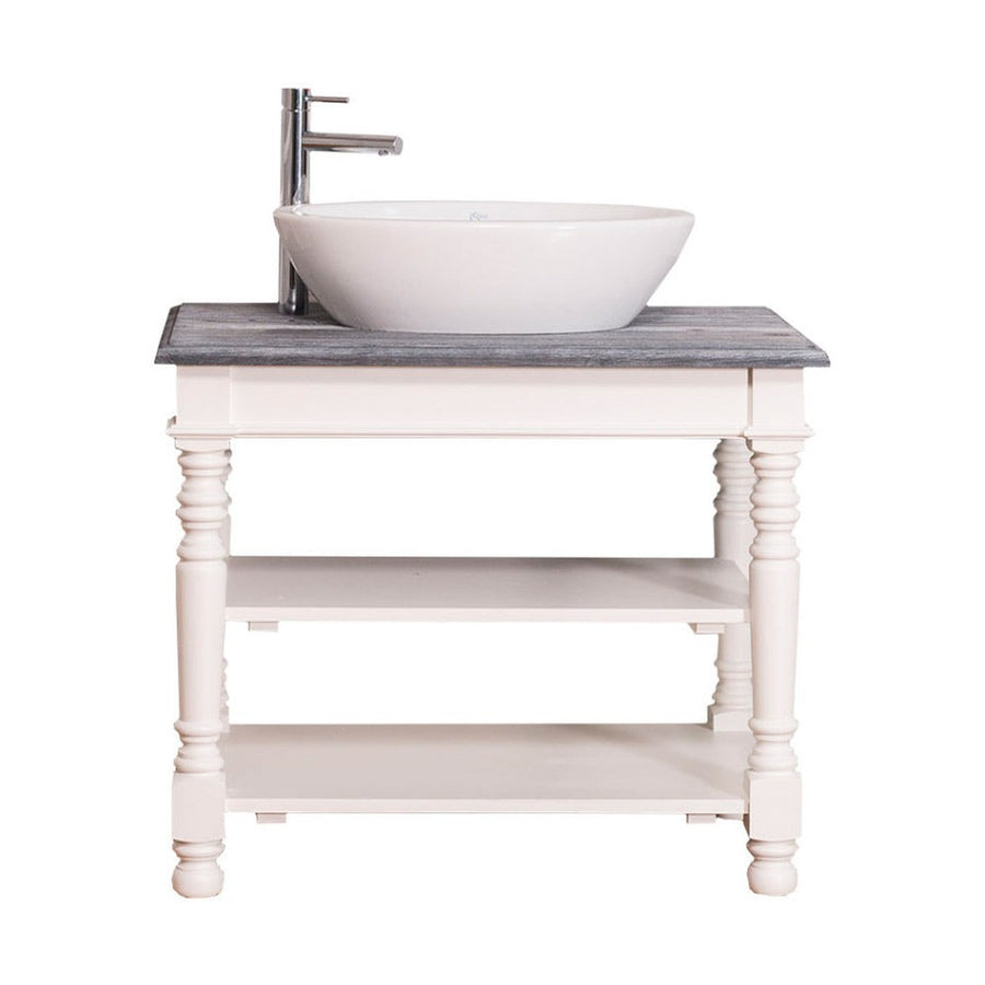 Fehér és mélycsiszolt szürke színű, klasszikus stílusú, nyitott polcos mosdószekrény.