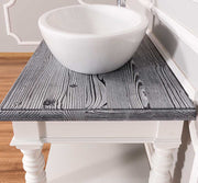 Fehér és mélycsiszolt szürke színű, klasszikus stílusú, nyitott polcos mosdószekrény.