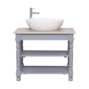 Világosszürke fenyő mosdószekrény, natúr színű tölgyfa lappal, két nyitott polccal.