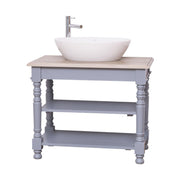 Világosszürke fenyő mosdószekrény, natúr színű tölgyfa lappal, két nyitott polccal.