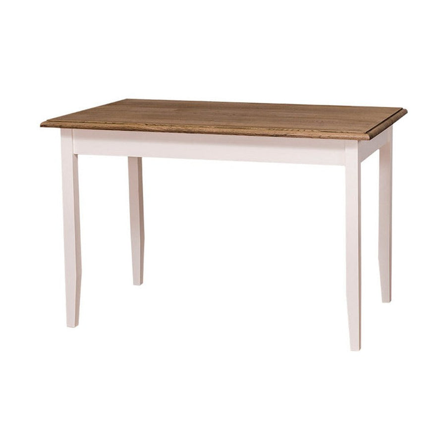 Vidéki stílusú, fehér színű, tömör fenyőfából készült étkezőasztal, barna olajozott tölgy fedalappal.