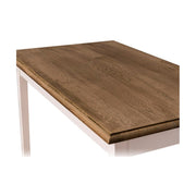 Vidéki stílusú, fehér színű, tömör fenyőfából készült étkezőasztal, barna olajozott tölgy fedalappal.