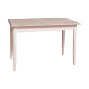 Vidéki stílusú, krémszínű, tömör fenyőfából készült étkezőasztal, natúr, olajozott tölgy fedalappal.