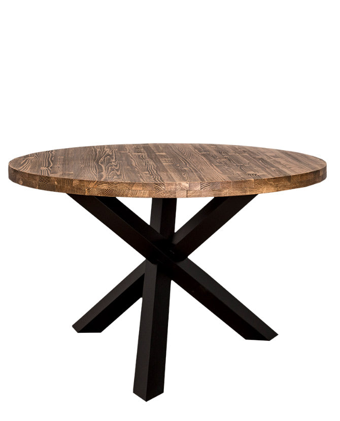 Kortárs stílusú, formatervezett, fenyőfa étkezőasztal egyedi formájú lábakkal. Asztallap színe natúr, lábak színe fekete.