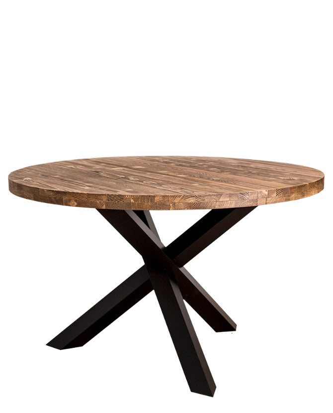 Kortárs stílusú, formatervezett, fenyőfa étkezőasztal egyedi formájú lábakkal. Asztallap színe natúr, lábak színe fekete.