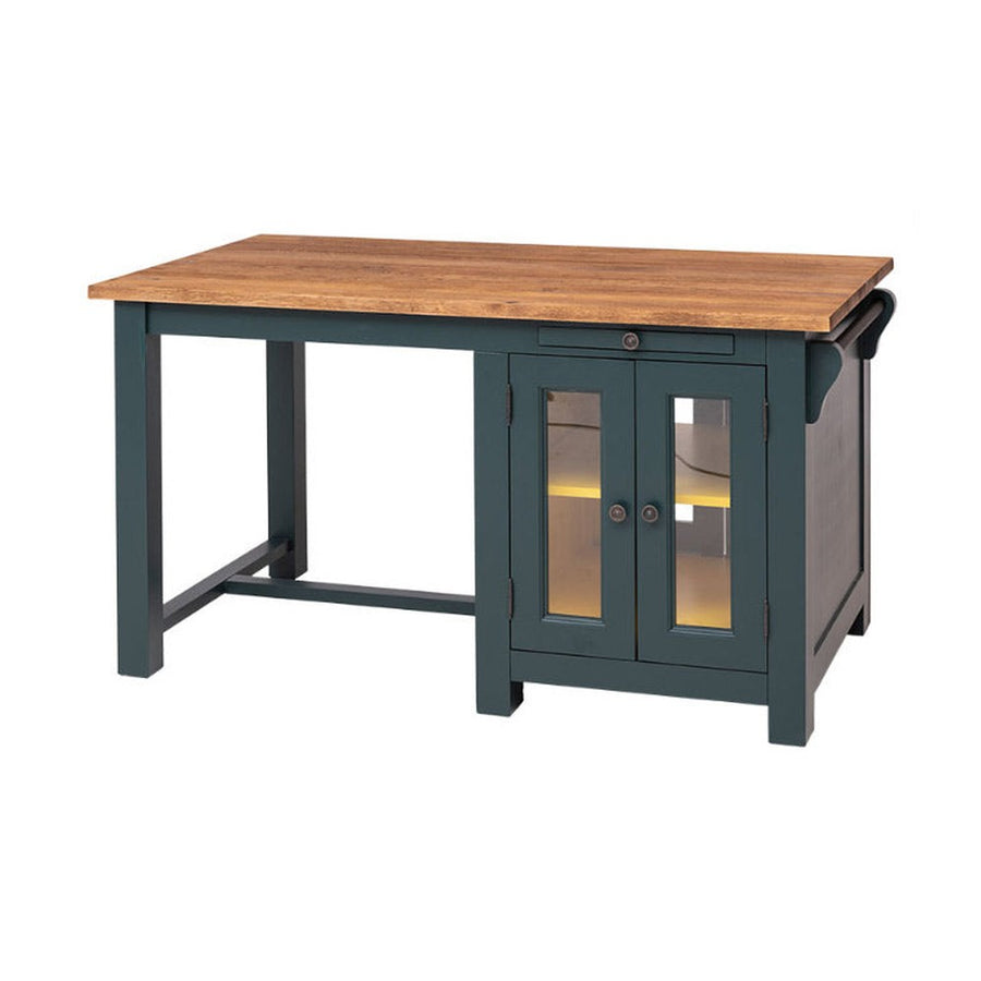 Fenyőfából készült, klasszikus konyhasziget reggelizőpulttal. Fedlap natúr, falak sötét türkizkék, belseje sárga.