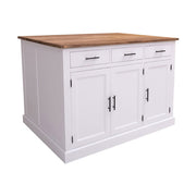 Fenyőfa konyhasziget tölgyfalappal reggelizőpulttal. Fehér és natúr színű.