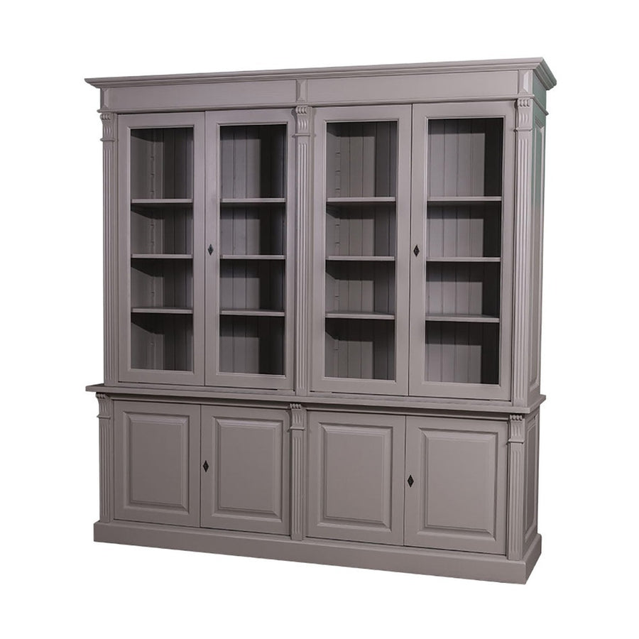 Prémium fenyőfa vitrin-könyvszekrény két darab kétszárnyú üveges ajtóval a felső részen, két darab kétszárnyú ajtóval az alsó részen. Színe: szürke.