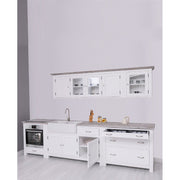 Hat elemes fenyőfa konyhaszekrény tölgyfalappal, beépített kerámia kagylóval és csapteleppel.