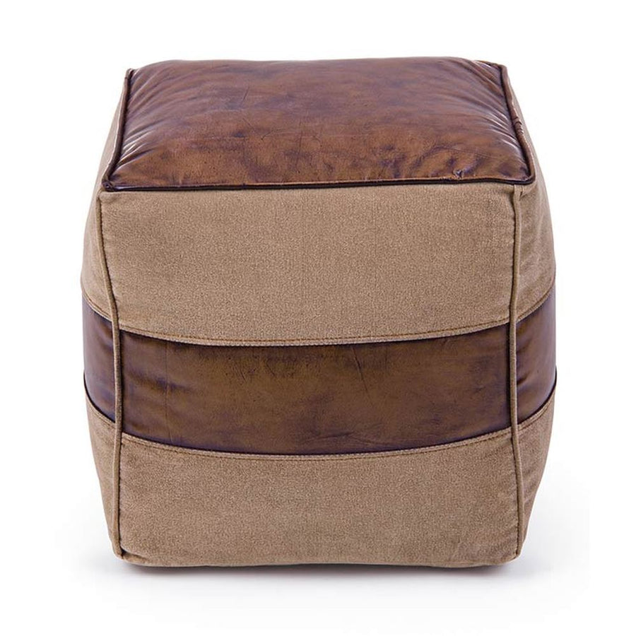Loft stílusú, kocka formájú újrahasznosított vászonból és bőrből készült puff.