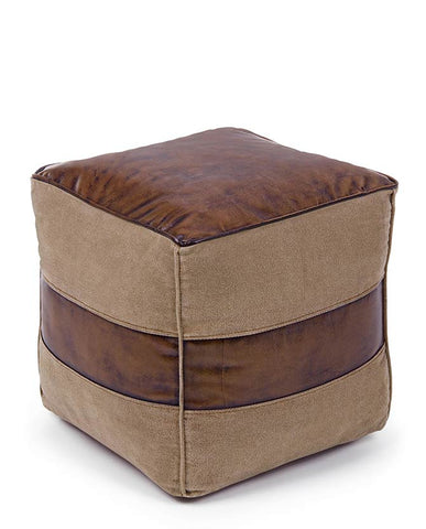 Loft stílusú, kocka formájú újrahasznosított vászonból és bőrből készült puff.